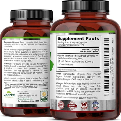Zazzee USDA Organic Valerian Root 10:1 Extract, 3000 mg Strength, 120 Vegan Capsules, 4 Month Supply, Valeriana officinalis, 10X Potency, 100% Vegetarian, All-Natural, Non-GMO, Made in The USA