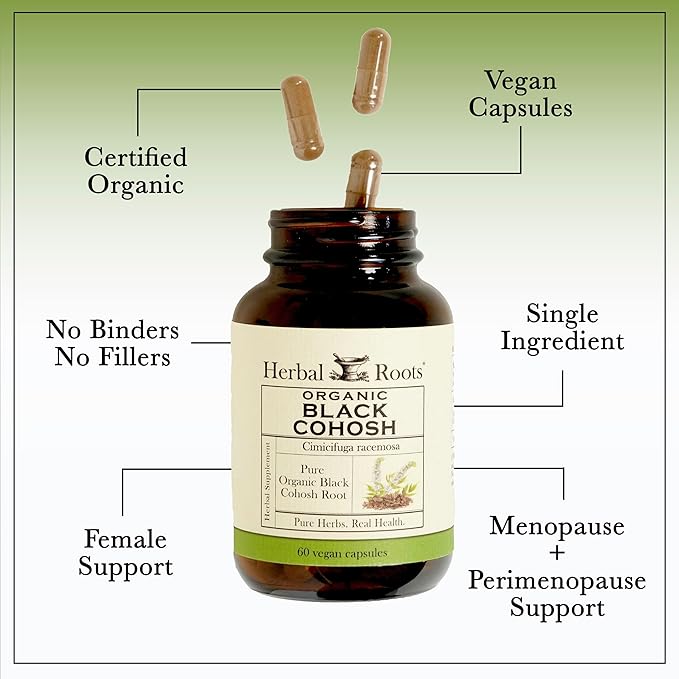 Herbal Roots Organic Black Cohosh Root | Extra Strength | Menopause and Menstrual Support for Women | 90 Capsules, Vegan