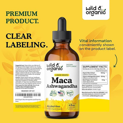 Wild & Organic Maca Root Ashwagandha Drops for Men and Women - Liquid Maca Ashwagandha Supplement for Overall Support - Peruvian Extract Tincture - Vegan, Sugar & Alcohol-Free - 4 fl oz