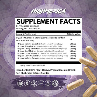 7 Sacred Mushroom Complex - Lion's Mane, Cordyceps, Reishi, Turkey Tail, Chaga, Maitake & Shiitake - Nootropic for Brain and Cognitive Support - Energy & Immunity