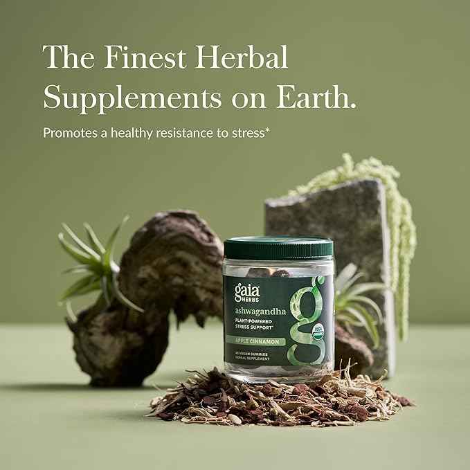 Gaia Herbs Organic Ashwagandha Gummies, Stress Support, Cinnamon, Ginger, Gluten Free, Vegan, 45 Count