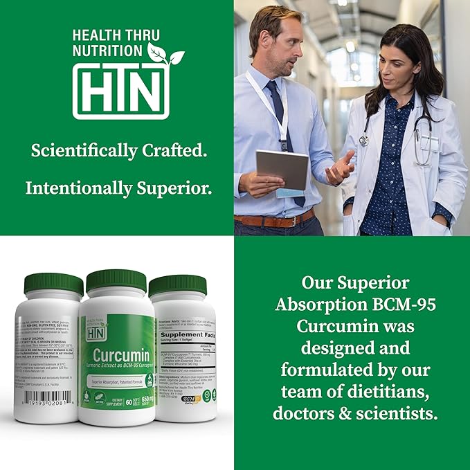 Health Thru Nutrition Curcumin 650mg BCM-95 Curcugreen | Turmeric Curcumin Complex | High Absorption | Healthy Inflammation Response | Clinically Studied | 3rd Party Tested | Non-GMO (Pack of 60)