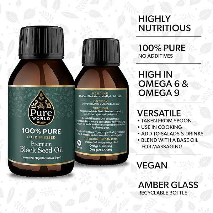 High Strength 100% Pure Virgin Cold Pressed Black Seed Cumin Oil 100ML Glass Bottle, Nigella Sativa Black Seed Oil
