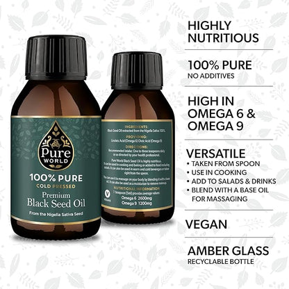 High Strength 100% Pure Virgin Cold Pressed Black Seed Cumin Oil 100ML Glass Bottle, Nigella Sativa Black Seed Oil