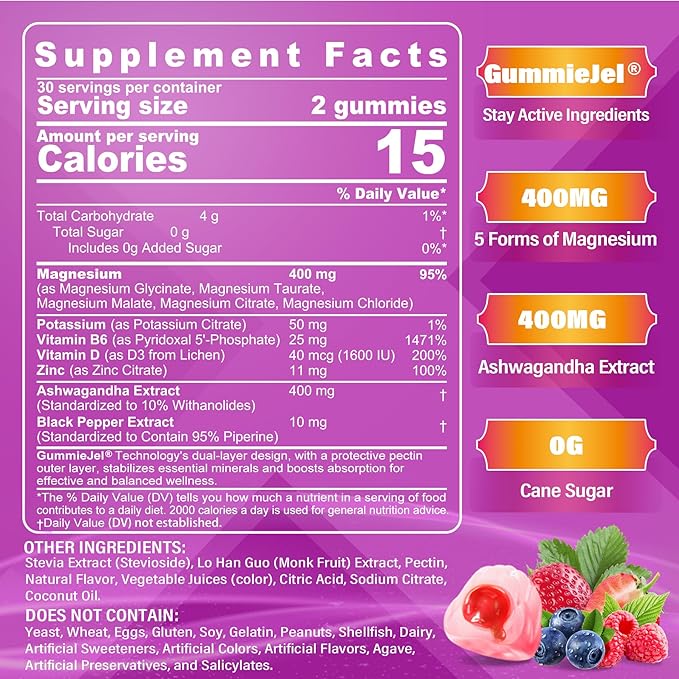 Magnesium Complex Filled Gummies 400mg - Magnesium Citrate, Glycinate, Malate, Chloride & Taurate - Supplement Magnesium with Ashwagandha Vitamin D3 & Zinc for Muscle, Mood & Energy, Sugar Free, 2Pack