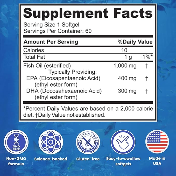 Sigma Biotics Omega 3 Fish Oil 1000mg - Supplements with High EPA & DHA Concentration for Heart, Brain & Joint Health - Non-GMO, Purity-Tested Fish Oil Supplements - 60 Softgels