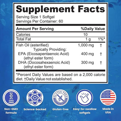Sigma Biotics Omega 3 Fish Oil 1000mg - Supplements with High EPA & DHA Concentration for Heart, Brain & Joint Health - Non-GMO, Purity-Tested Fish Oil Supplements - 60 Softgels