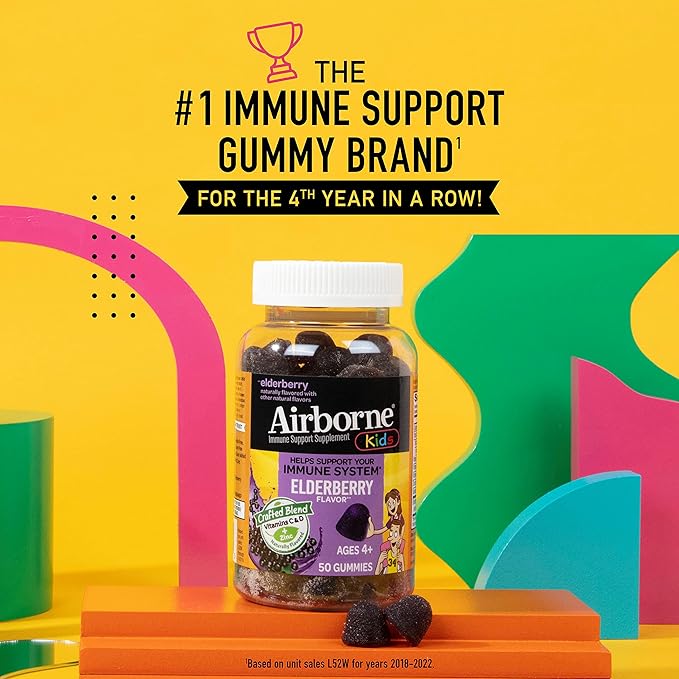 Airborne Kids Elderberry + Zinc & Vitamin C Gummies, Kids Immune Support with Powerful Antioxidants VIT D & E - 50 Gummies, Elderberry Flavor