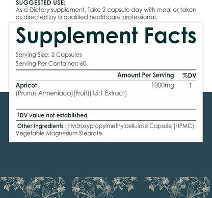 Apricot Extract, 1000 mg 120 Veggie Capsules (Vegan, Non-GMO) Herbal Supplements