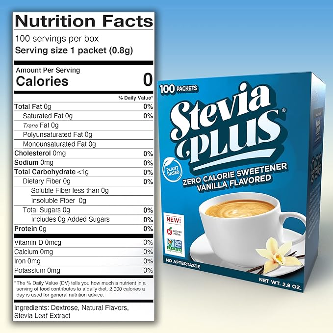SweetLeaf Stevia Plus Powder Packets- Zero Calorie Sweetener with Stevia Leaf Extract, No Artificial Sweetener Additive, Sugar Free, Keto Friendly, Non GMO, Gluten Free- Vanilla, 100 Count (Pack of 1)
