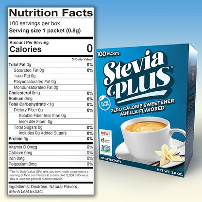 SweetLeaf Stevia Plus Powder Packets- Zero Calorie Sweetener with Stevia Leaf Extract, No Artificial Sweetener Additive, Sugar Free, Keto Friendly, Non GMO, Gluten Free- Vanilla, 100 Count (Pack of 1)