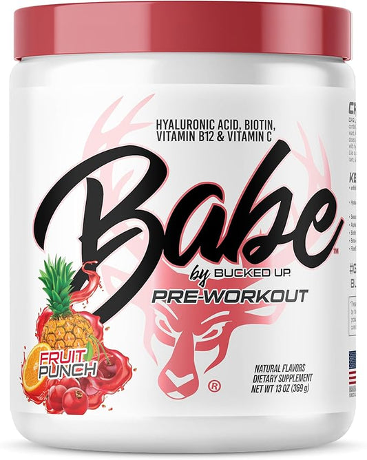 Bucked Up Babe Pre Workout Powder for Women | Fruit Punch | 6g Citrulline, 2g Beta-Alanine, 100mg Hyaluronic Acid, 5mg Biotin and 5 Other Registered trademarked Ingredients | 30 Servings | 13 OZ