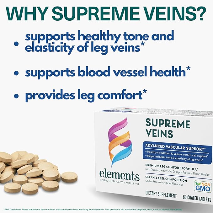 Elements Supreme Veins, 60 Tablets (30 Day Supply), Advanced Vascular Support Supplement, Supports Healthy Circulation and Elasticity in Leg Veins, Gluten Free