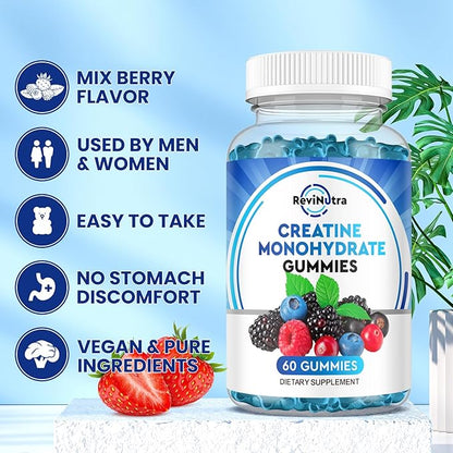 Creatine Monohydrate Gummies for Men & Women, Chewables Creatine Monohydrate with Vitamin B12 for Muscle Growth & Recovery-Vegan, Mixed Berry Flavor, 60 Gummies