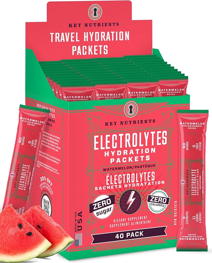 KEY NUTRIENTS Electrolytes Powder Packets - Refreshing Watermelon 40 Pack Hydration Packets - Travel Hydration Powder - Made in USA - No Sugar, No Calories, Gluten Free