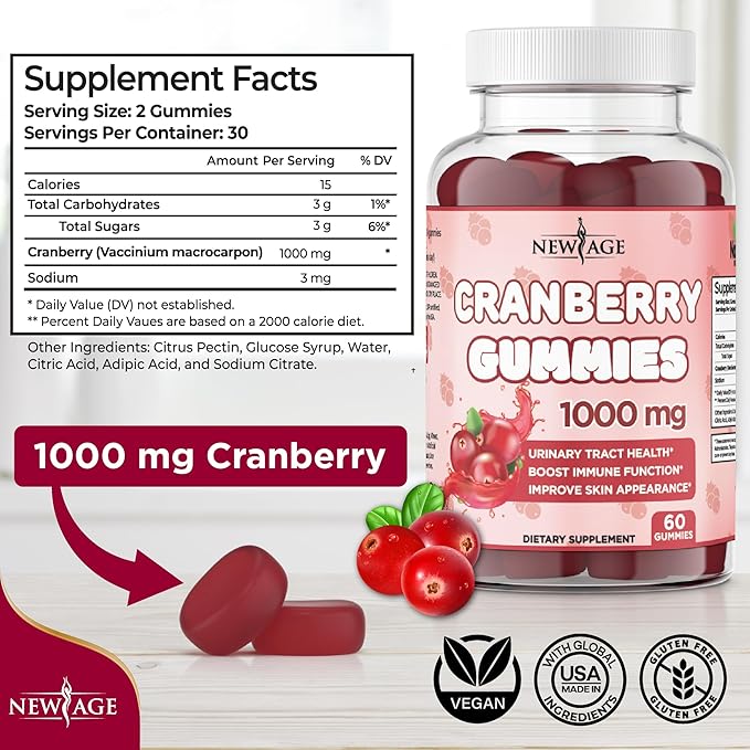 NEW AGE Cranberry Gummies Urinary Tract Health Gummies 1000mg - Supports Bladder, Kidney, UTI - Vegetarian (Cranberry 60 Gummies)