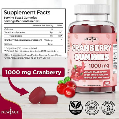 NEW AGE Cranberry Gummies Urinary Tract Health Gummies 1000mg - Supports Bladder, Kidney, UTI - Vegetarian (Cranberry 60 Gummies)