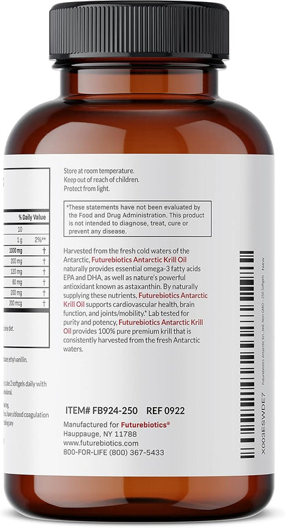 Futurebiotics Antarctic Krill Oil 1000mg with Omega-3s EPA, DHA, Astaxanthin and Phospholipids - 100% Pure Premium Krill Oil Heavy Metal Tested, Non GMO – 250 Softgels (125 Servings)