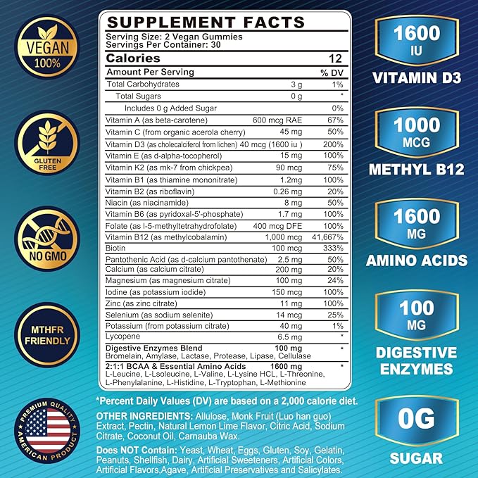 Methylated Multivitamin for Men Gummies, BCAA Amino Acids, Zinc, Vitamin A C D3 E K2 B6 B12 Biotin Calcium, Magnesium, Lycopene, Digestive Enzymes - Energy Muscle Immunity - Sugar Free, Vegan, 60 Cts