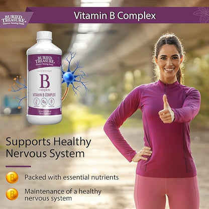 Buried Treasure B Complete High Potency All B Vitamins Liquid Supplement for Stress, Energy and Healthy Immune Support Vegan Non-GMO, 16 oz w/ Dose Cup