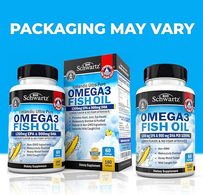 Triple Strength Omega 3 Fish Oil Supplement - 2250mg EPA DHA Omega 3 Fatty Acids from Fresh Wild Caught Fish, Burpless Lemon Flavor Formula Supports Eye Health and More, Gluten Free, 180 Softgels