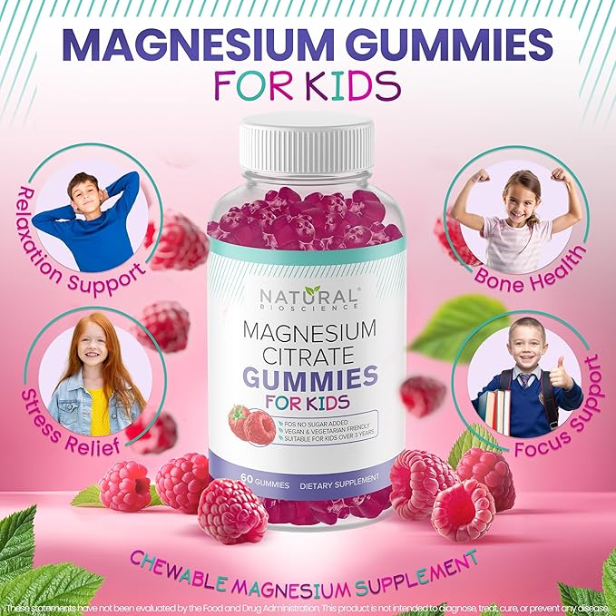 Calm Magnesium Citrate Gummies for Kids - Sleep Support, Chewable Magnesium Supplement 100mg, Stress Relief, Bone Health, Muscle Relaxation, Non-GMO Gluten-Free, Natural Flavor 60 Vegan Gummies