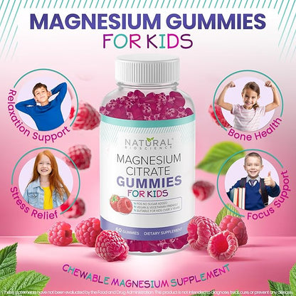 Sugar Free Magnesium Gummies for Kids 100mg - Chewable Magnesium Supplement, Calm & Sleep Support, Anti-Stress, Bone Health, Muscle Relaxation, Non-GMO Gluten-Free, All Natural 90 Vegan Gummies