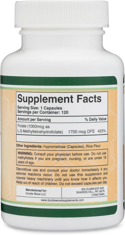 Methylfolate 1,000mcg, 120 Capsules (Third Party Tested Methyl Folate Supplement) Methylated Folate is a More Active Form of Folate Than Folic Acid (Non-GMO, Vegan Safe) by Double Wood