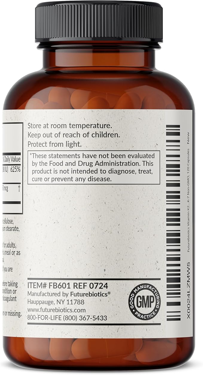Futurebiotics Vitamin K2 (MK7) with D3 Supplement - Non-GMO Formula - 5000 IU Vitamin D3 & 90 mcg Vitamin K2 MK-7, 120 Vegetarian Capsules