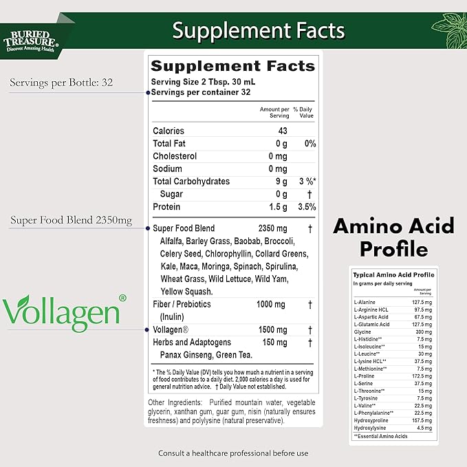 Buried Treasure Green20 Fusion – Superfood Blend with Vollagen for Skin, Hair, and Joint Support, Plant-Based, Vegan, Non-GMO Gluten-Free, Dairy-Free, Soy-Free, 32oz Liquid