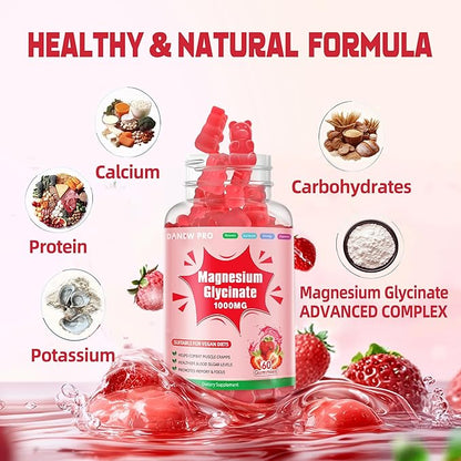 Magnesium Glycinate Gummies 1000mg - Sugar Free Magnesium Potassium Supplement with Vitamin D, B6, CoQ10 for Calm Mood & Sleep Support - 60 Strawberry Gummies