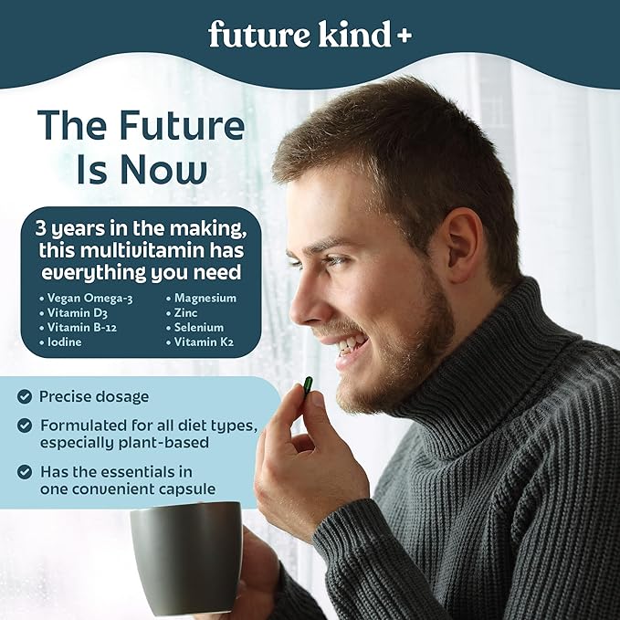 Future Kind Carrageenan-Free Foundations Multivitamin for Women & Men with Omega-3, B12, D3, Zinc, Iodine, Magnesium, K2 & Selenium, Vegan, Compostable Bag (60ct)