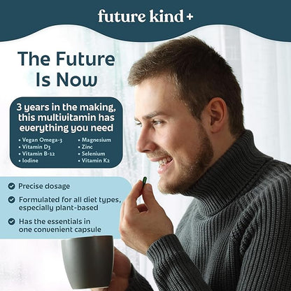 Future Kind Carrageenan-Free Foundations Multivitamin for Women & Men with Omega-3, B12, D3, Zinc, Iodine, Magnesium, K2 & Selenium, Vegan, Compostable Bag (60ct)