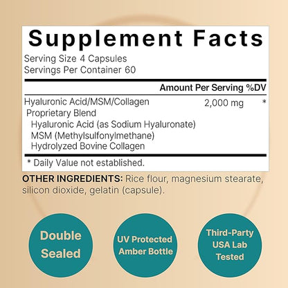 NatureBell 2 Pack Hyaluronic Acid Supplements 2,000 mg | 480 Total Capsules, with MSM & Hydrolyzed Bovine Collagen – 3 in 1 Support for Skin Hydration, Joint Lubrication, Hair, and Eye Health