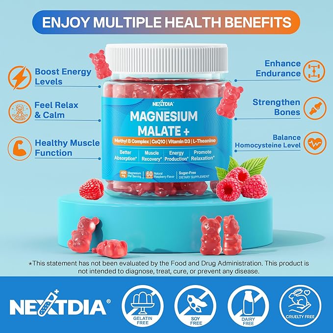 Magnesium Malate Gummies for Energy, Muscle, Calm & Relax Support - 400mg Magnesium Supplement with CoQ10-100mg, L-Theanine, Vitamin D3, B6, B12 & Folate 5-MTHF, Sugar Free Magnesium Vitamins, 1Pack