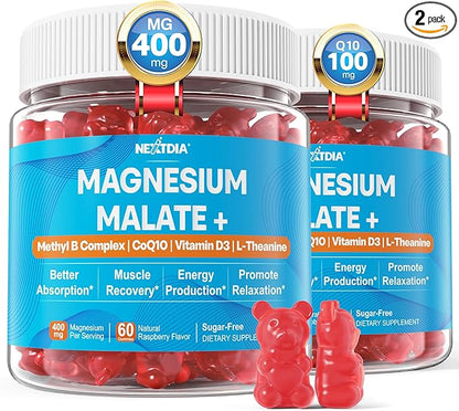 Magnesium Malate Gummies for Adults - Energy, Muscle, Calm & Relax Support - Magnesium 400mg plus CoQ10-100mg, L-Theanine, Vitamin D3, B6, B12 & Folate 5-MTHF, Sugar Free Magnesium Supplement, 2Pack