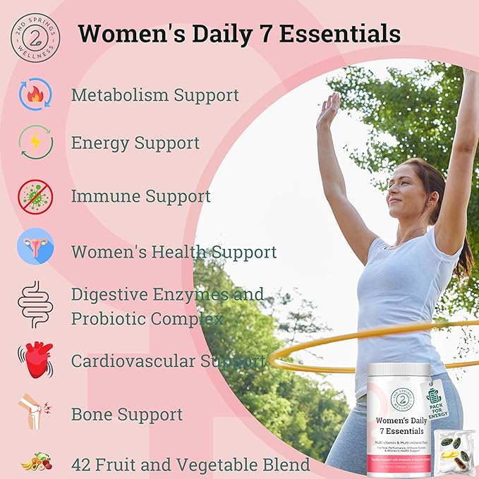 Daily 7 Essentials Women's Vitamin Pack -7 Pack Complete Women's Multivitamin Packet with Energy, Metabolism, Immune System, Women's Health Support with Probiotics, More
