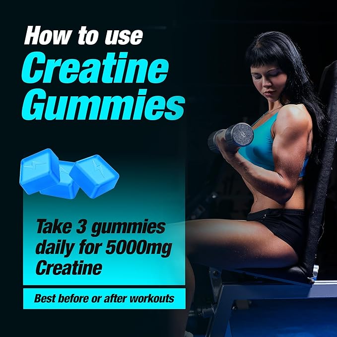 Creatine Monohydrate Gummies - 5g Creapure Creatine per Serving - Vegan, Blue Raspberry Flavor - Boost Muscle Strength, Endurance, Recovery & Mental Focus - 90 Gummies, Gluten-Free