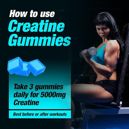 Creatine Monohydrate Gummies - 5g Creapure Creatine per Serving - Vegan, Blue Raspberry Flavor - Boost Muscle Strength, Endurance, Recovery & Mental Focus - 90 Gummies, Gluten-Free