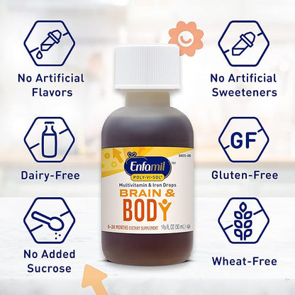 Enfamil Prenatals & Baby Vitamins Poly-Vi-Sol 8 Multi-Vitamins & Iron Supplement Drops for Infants & Toddlers, Supports Growth & Development, 50 mL Dropper Bottle (Pack of 2)