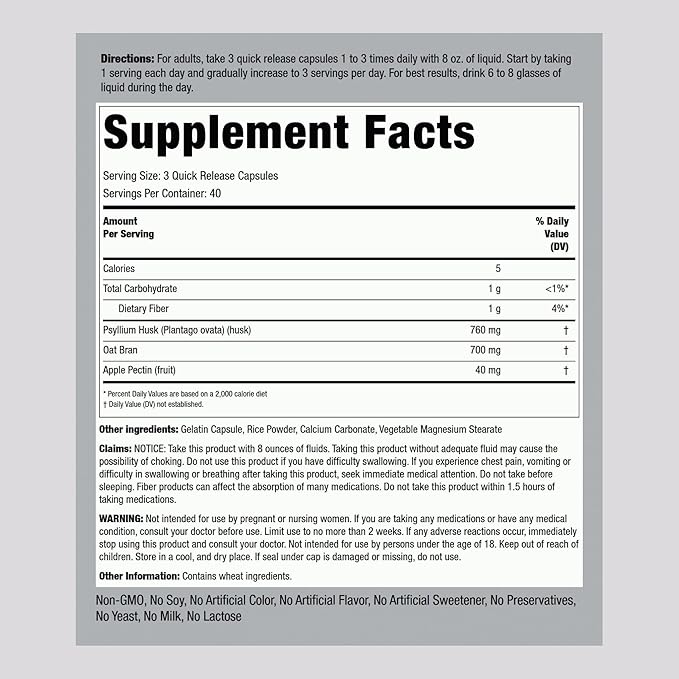 Piping Rock Fiber Complex Supplement | 1500mg | 120 Capsules | Triple Action Pills | with Psyllium, Oat Bran, and Apple Pectin | Non-GMO, Gluten Free