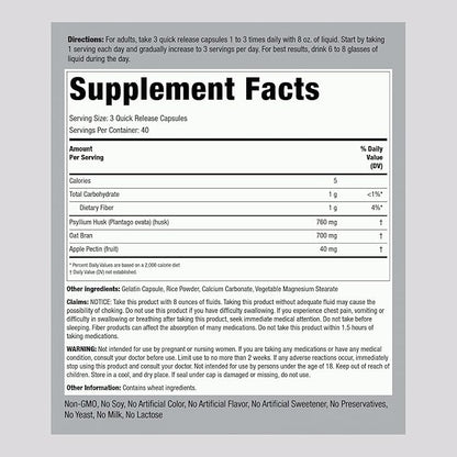 Piping Rock Fiber Complex Supplement | 1500mg | 120 Capsules | Triple Action Pills | with Psyllium, Oat Bran, and Apple Pectin | Non-GMO, Gluten Free