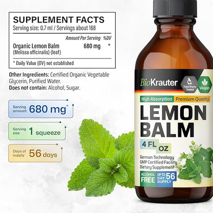 BIO KRAUTER Lemon Balm Leaf Extract - Vegan Melissa Lemon Balm Tincture for Calmness Support - Sugar & Alcohol-Free - 4 Fl. Oz.