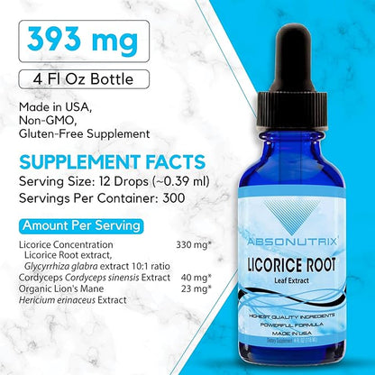 Absonutrix Licorice Root 330 mg, 4 Oz Liquid, 300 Servings, Made in USA, Quick Absorption, Quality Potent Ingredients, Non-GMO, GMP-Certified Facility, Cruelty-Free Products