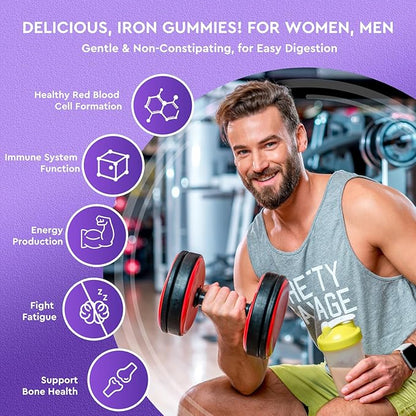 Iron Gummies - with Calcium, Zinc, Folate & Vitamin B12, C, B6 for Adults & Kids - Blood Builder & Energy Support for Iron Deficiency, Anemia, Vegan - 2 Pack Grape Flavour,60 Gummies