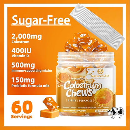 Colostrum Chews Supplement with probiotics for Gut Health, Bloating, Immune Support, Skin, Hair Growth and Beauty - Orange Flavor (60 Servings)