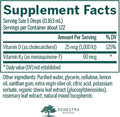 Genestra Brands D3 K2 Mulsion - Liquid Vitamins for Bone Health - Natural Lemon - 122 Servings