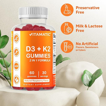 Vitamatic Vitamin D3 + K2 Gummies – 60 Count | Supports Bone, Heart & Immune Health – Promotes Calcium Absorption – Plant-Based, Non-GMO, Gluten-Free