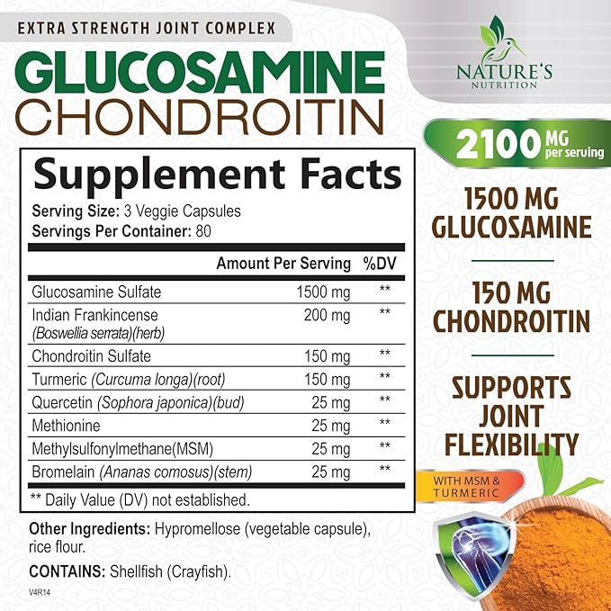 Glucosamine Chondroitin MSM 2100mg Complex - Joint Support Supplement Turmeric & Boswellia, Triple Strength Glucosamine Capsules - Support for Joint Mobility with Quercetin Bromelain - 240 Capsules