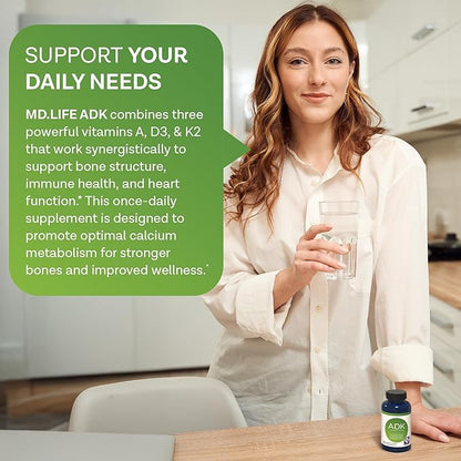 MD.LIFE A D K Vitamin Supplement - Vitamin D3 K2 and A - 90 Capsules - Bone Health and Heart Health Support – High Potency Vitamin ADK Supplement - ADK Complex